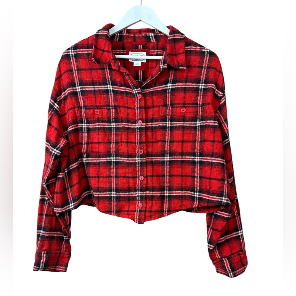 American Eagle Red Plaid Crop Button Down Flannel Shirt Women Sz L